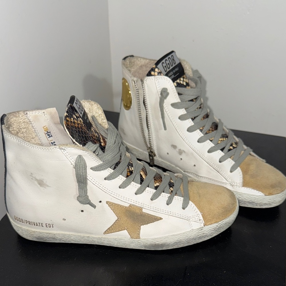 Authentic! Golden Goose White and Gold High-Tops with Gold Logo